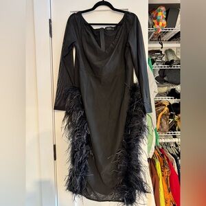AKIRA Elegant Black Mesh Long Sleeve Dress with Feather Detail, 1X